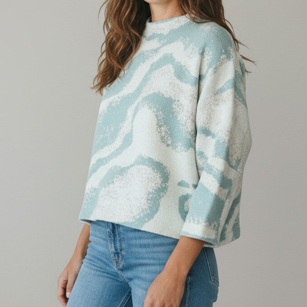 Sleeping on Snow Anthropologie Blue Abstract Marble Knit Sweater Small Wool Blen